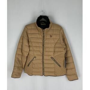 U.S. Polo Assn. Moto Puffer Jacket Faux Fur Collar Womens Size XL Gold